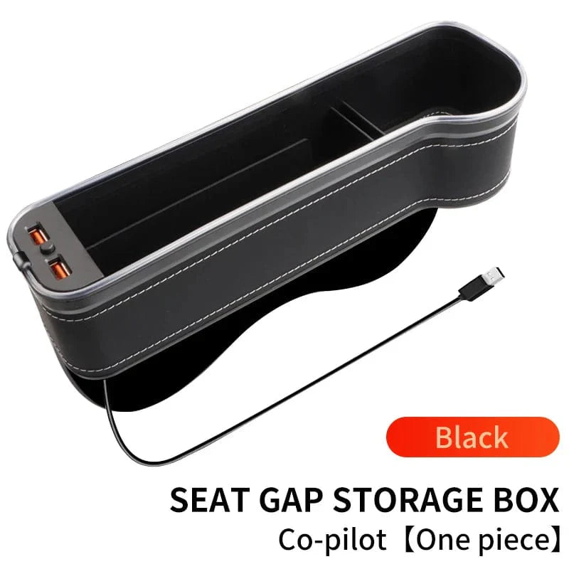 Showlu Car Seat Gap Filler Organizer with LED cup holder, dual USB chargers, and colorful changing LED lights in a vehicle interior.