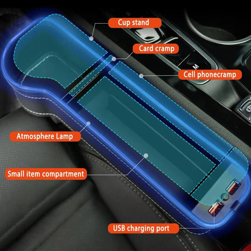 Showlu Car Seat Gap Filler Organizer with LED cup holder, dual USB ports, and colorful changing LED lights in a vehicle interior.