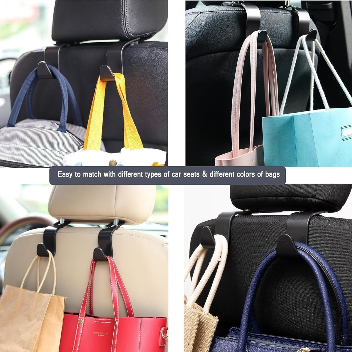 Showlu universal car seat headrest hooks in black, 4-pack S-type hangers for handbags, purses, coats, and accessories in a vehicle.