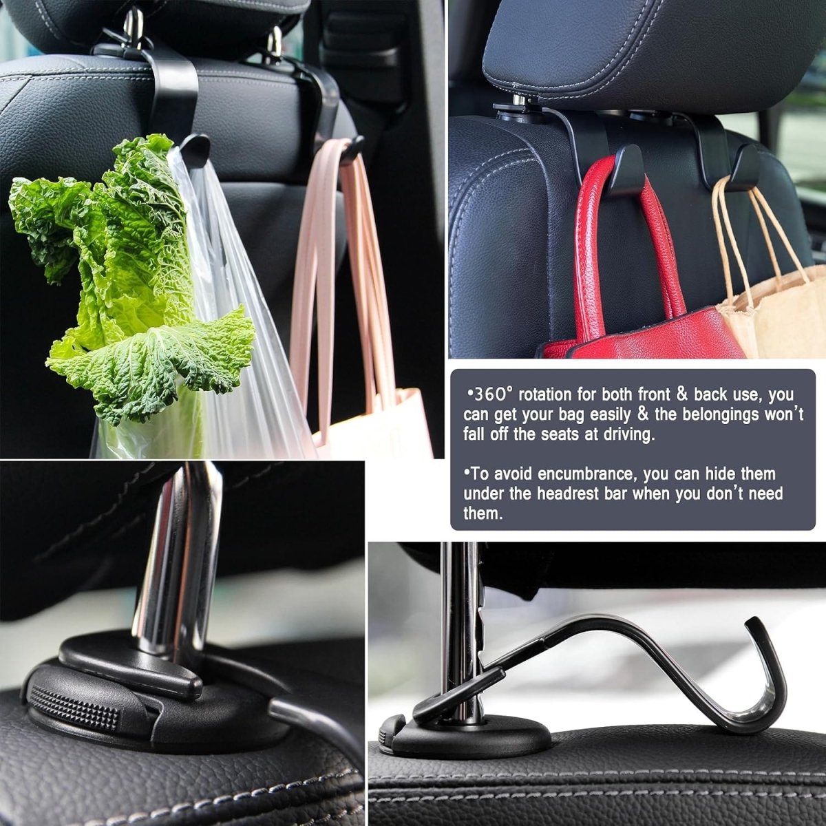 Showlu Universal Car Seat Headrest Hooks 4-pack, black S-type hangers for handbags, purses, and coats in a vehicle.