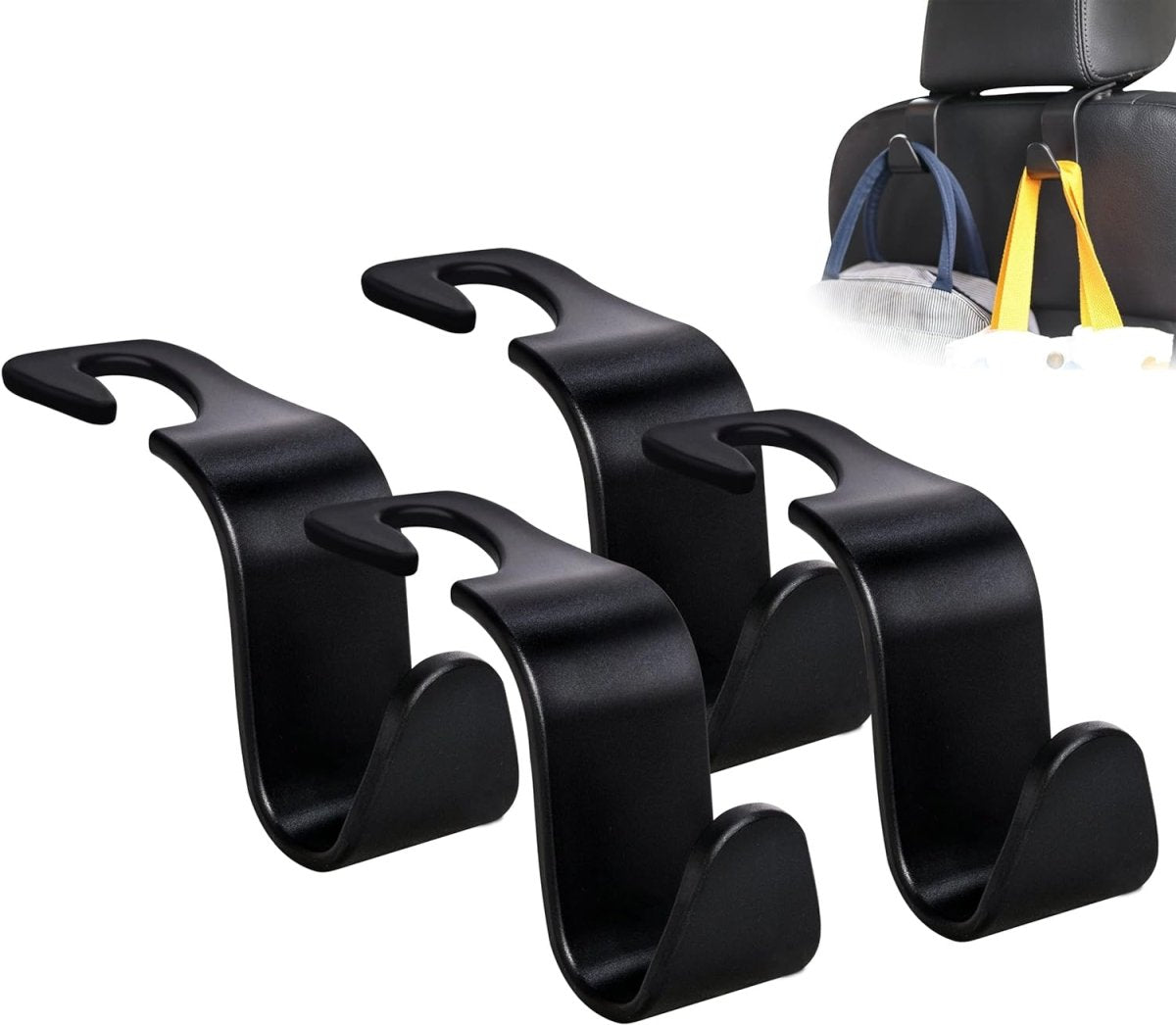 Showlu Universal Car Seat Headrest Hooks 4-pack, black S-type hangers for handbags, purses, and coats in a vehicle.