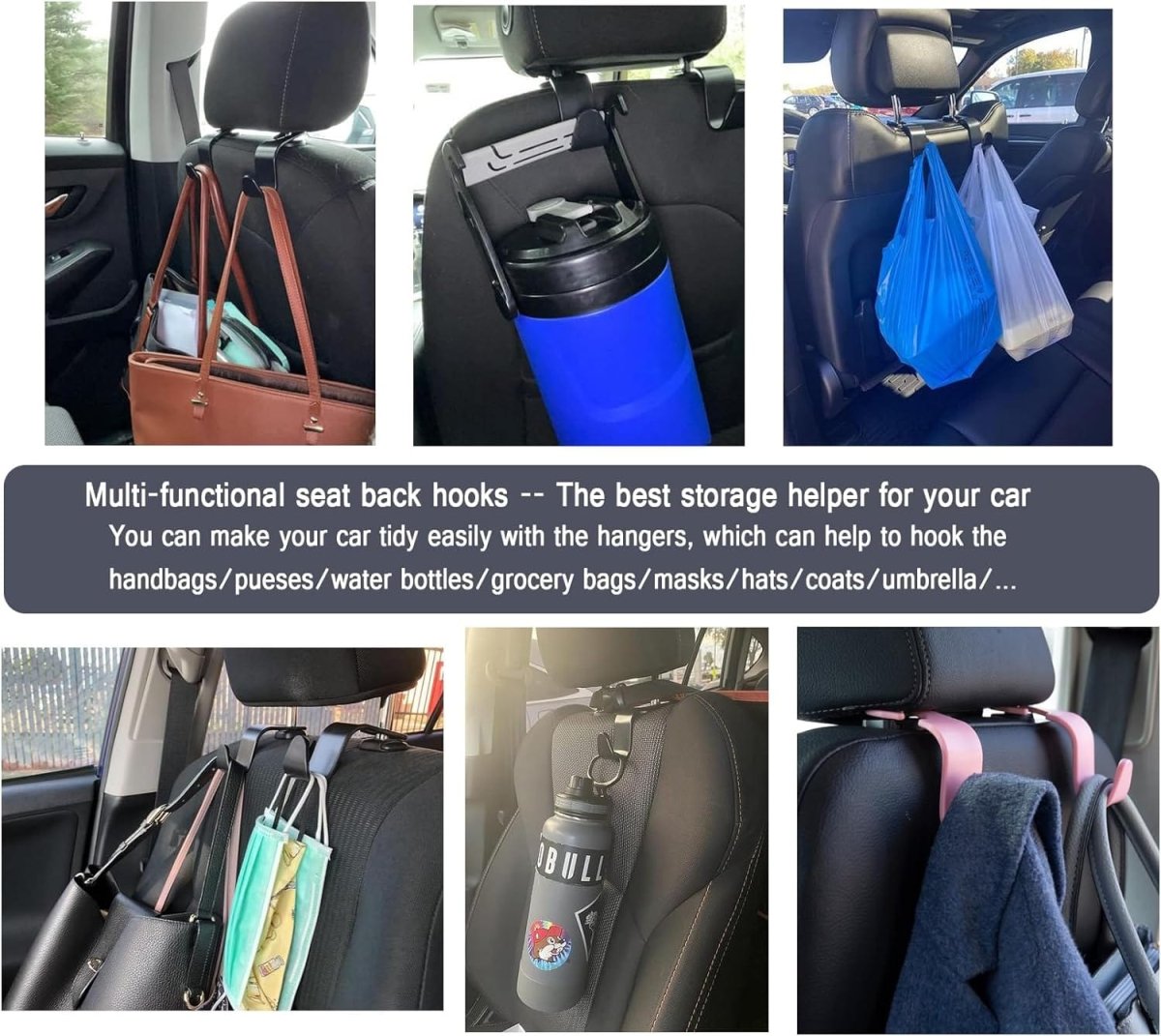 Showlu Universal Car Seat Headrest Hooks 4-pack, black S-type hangers for handbags, purses, and coats in a vehicle.
