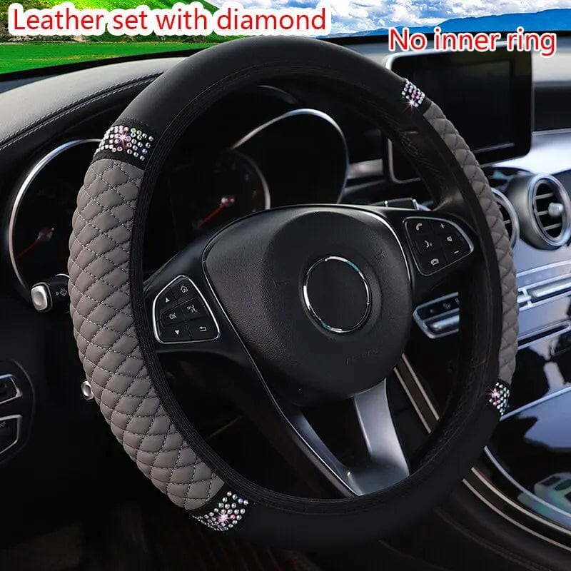 Showlu Faux Leather Steering Wheel Cover with diamond embroidery, breathable 38cm diameter, stylish three-dimensional design.