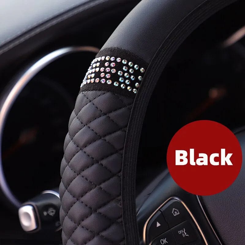 Showlu Faux Leather Steering Wheel Cover with diamond embroidery, breathable 38cm diameter, three-dimensional leather design.