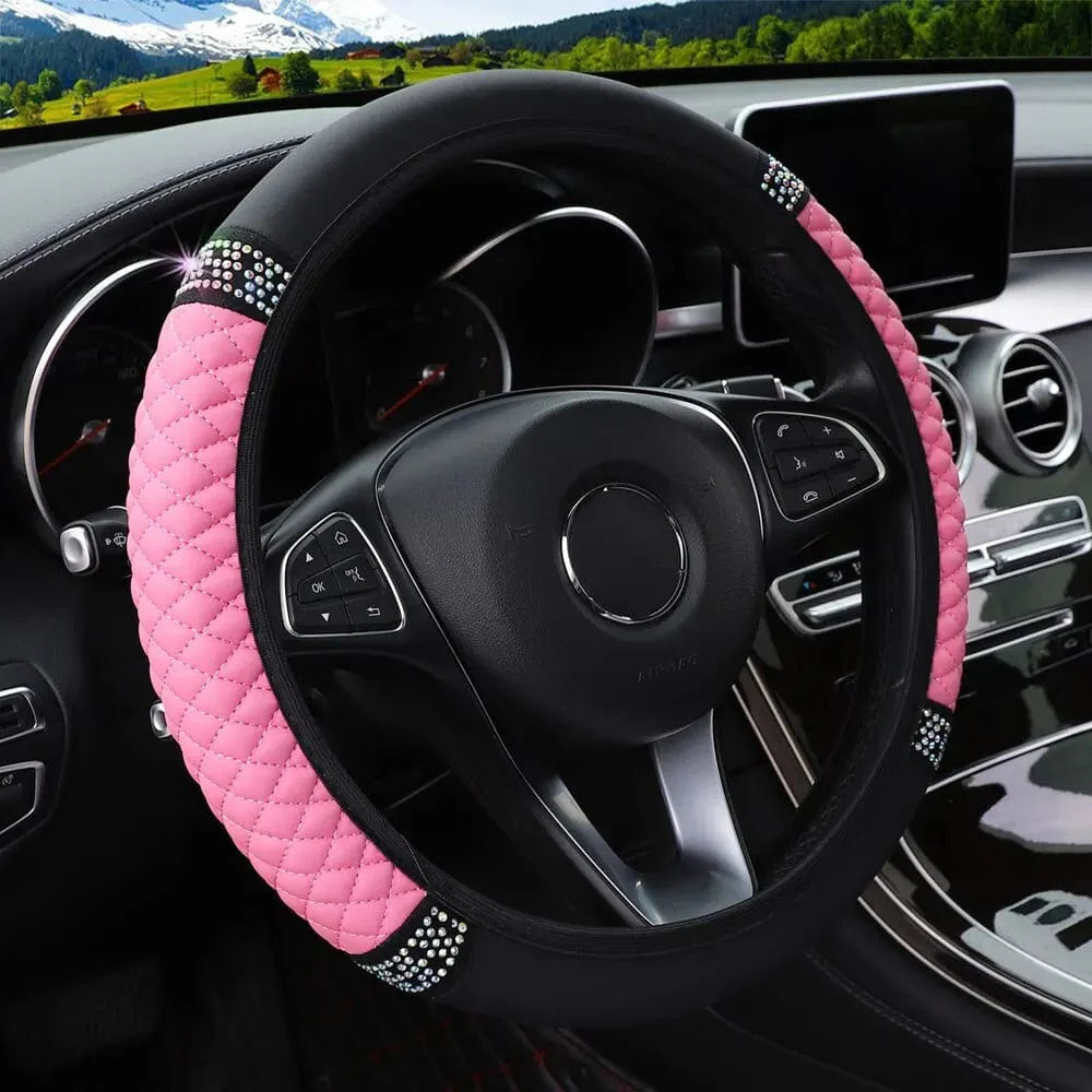 Showlu Faux Leather Steering Wheel Cover with diamond embroidery, breathable 38cm car accessory, stylish three-dimensional leather design