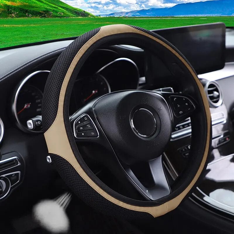 Showlu Faux Leather steering wheel cover with diamond embroidery, 38cm, breathable, three-dimensional design for car interior enhancement.