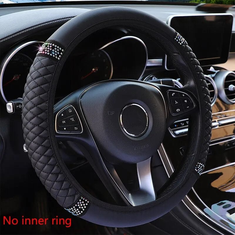 Showlu Faux Leather Steering Wheel Cover with diamond embroidery, breathable design, fits 38cm car steering wheels.