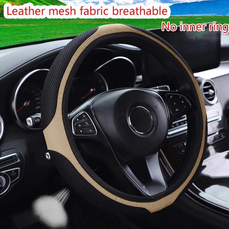 Showlu faux leather steering wheel cover with diamond embroidery, breathable 38cm size, designed for a stylish, three-dimensional look.