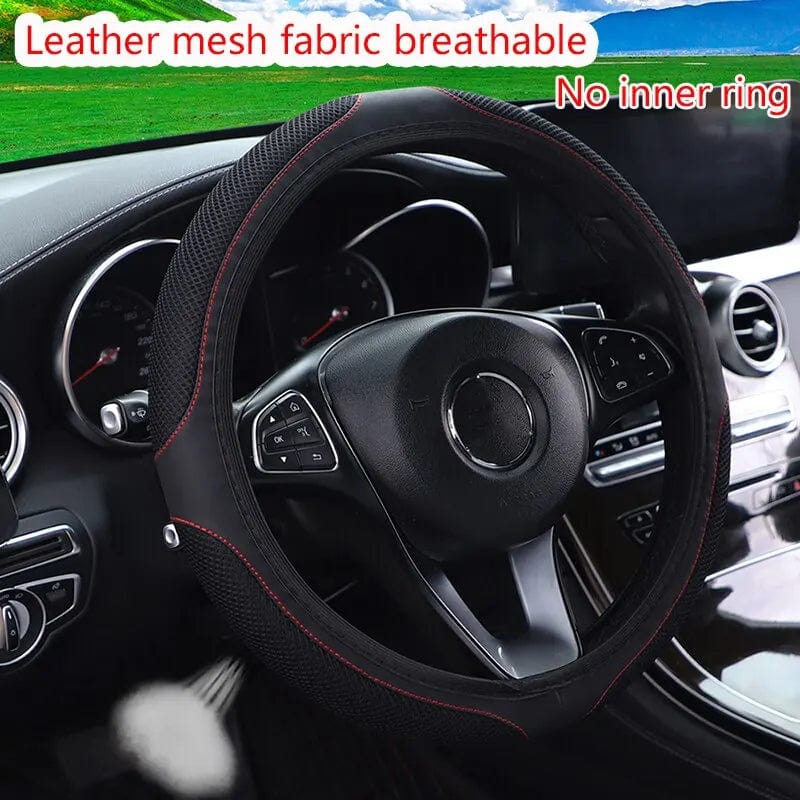 Showlu faux leather steering wheel cover with diamond embroidery, 38cm diameter, breathable and stylish for car interior decor.