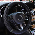 Showlu Faux Leather Steering Wheel Cover with diamond embroidery, breathable, 38cm size, for a stylish car interior detail.