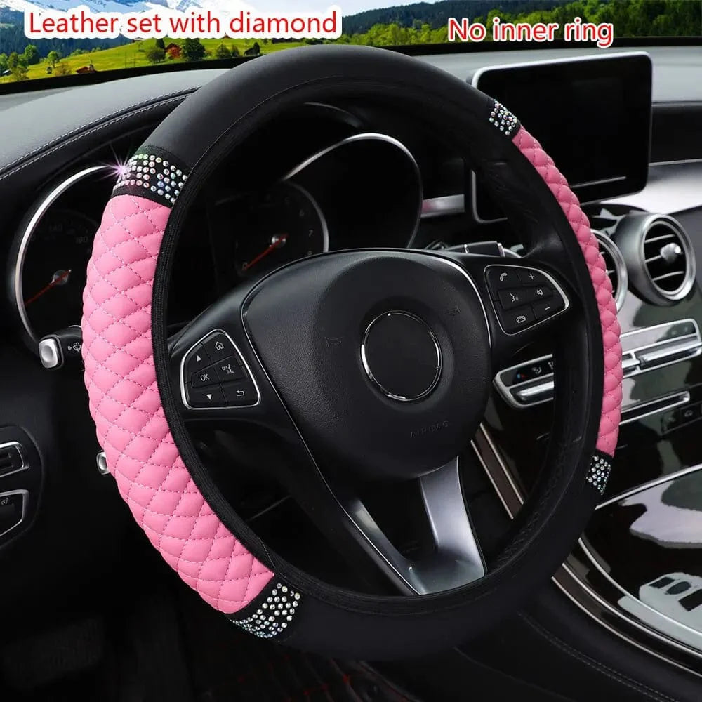Showlu Faux Leather Steering Wheel Cover with diamond embroidery, breathable design, fits 38cm car steering wheels.