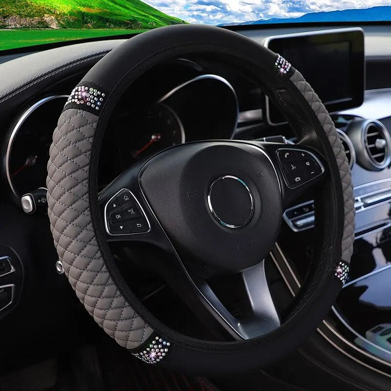 Showlu Faux Leather Steering Wheel Cover with diamond embroidery, breathable 38cm car accessory, three-dimensional textured design