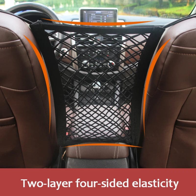 Showlu Car Storage Net Bag between seats, elastic mesh pet barrier, stretchable seat organizer for auto accessories.