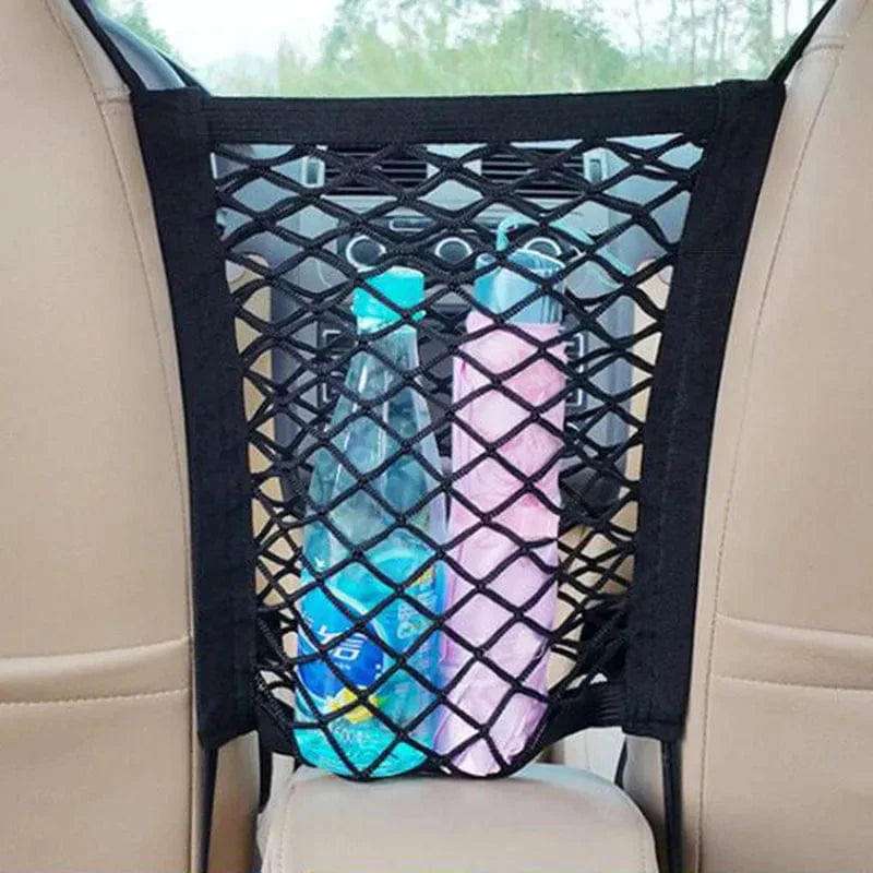 Showlu Car Storage Net Bag between seats, elastic mesh pet barrier and seat organizer for vehicle auto accessories.