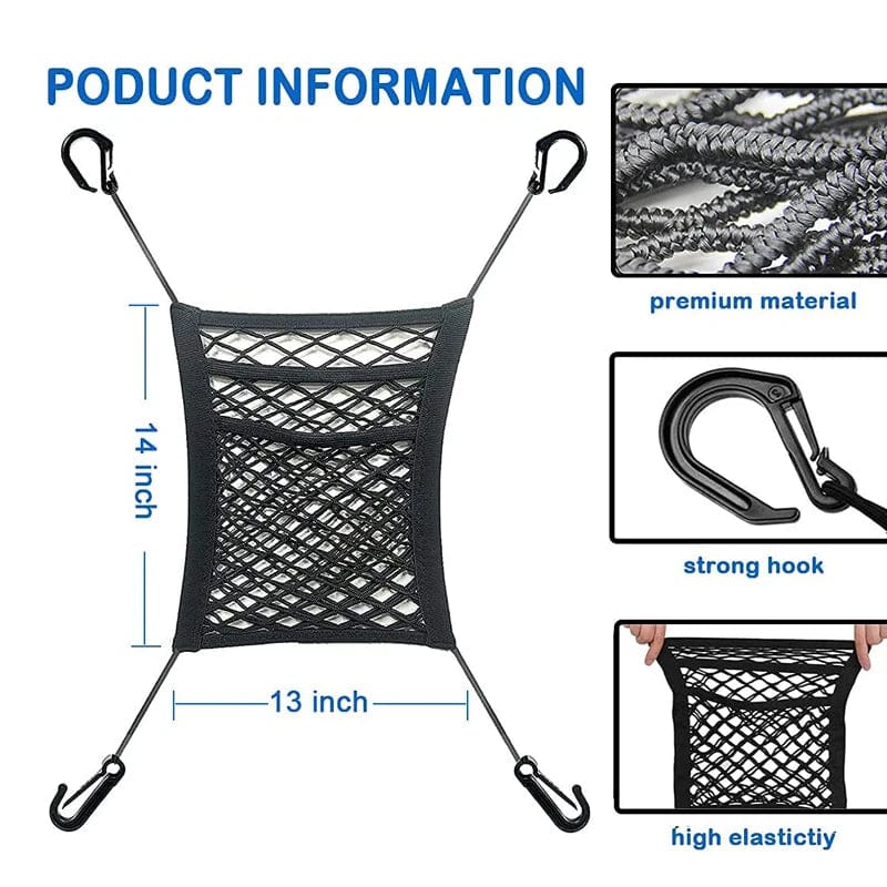 Showlu Car Storage Net Bag between seats, elastic mesh pet barrier and seat organizer for auto storage and safety.