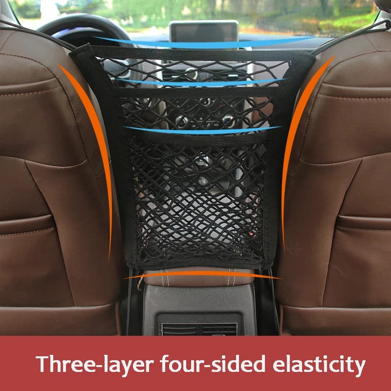 Showlu Car Storage Net Bag between car seats, elastic mesh pet barrier and seat organizer for auto accessories.