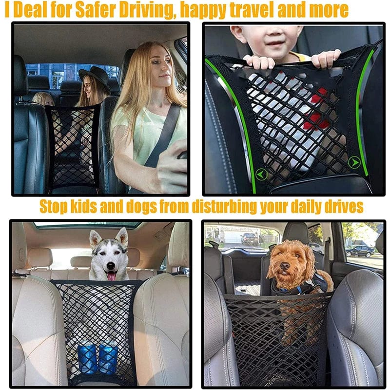 Showlu Car Storage Net Bag between seats, elastic mesh pet barrier and seat organizer for car auto accessories.
