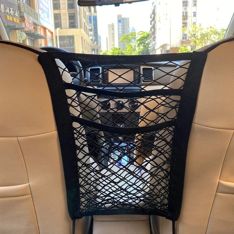 Showlu Car Storage Net Bag between seats, elastic mesh pet barrier, and seat organizer for car auto accessories.