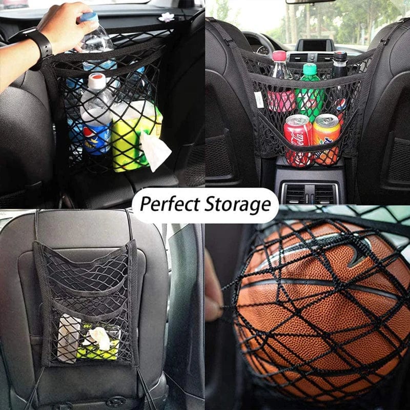 Showlu Car Storage Net Bag between car seats, elastic mesh pet barrier and seat organizer for auto accessories.