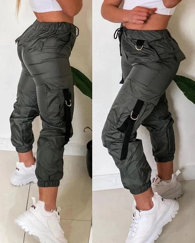 Showlu Women's streetwear cargo pants with slim fit, elastic waist, patch pockets, versatile casual style for autumn and winter.