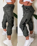 Showlu Women's streetwear cargo pants with slim fit, elastic waist, patch pockets, versatile casual style for autumn and winter.