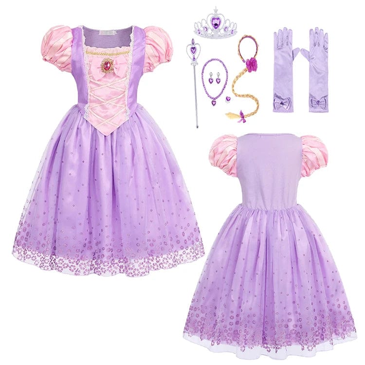 Showlu Girls Rapunzel Princess Dress with wig, colorful costume for kids' birthday parties, cosplay, and Halloween dress-up.