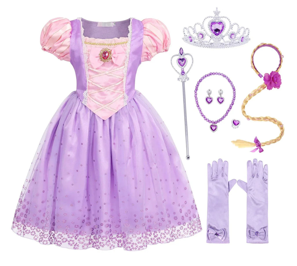 Showlu Girls Rapunzel Princess Dress with wig, a colorful costume for kids' birthday parties and cosplay events.