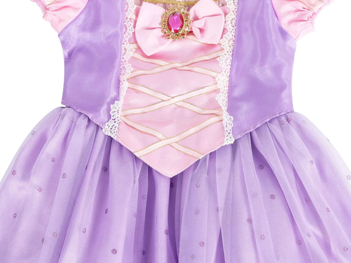 Showlu Girls Rapunzel Princess Dress with wig, children's fantasy costume for birthday parties and cosplay, featuring vibrant purple fabric.