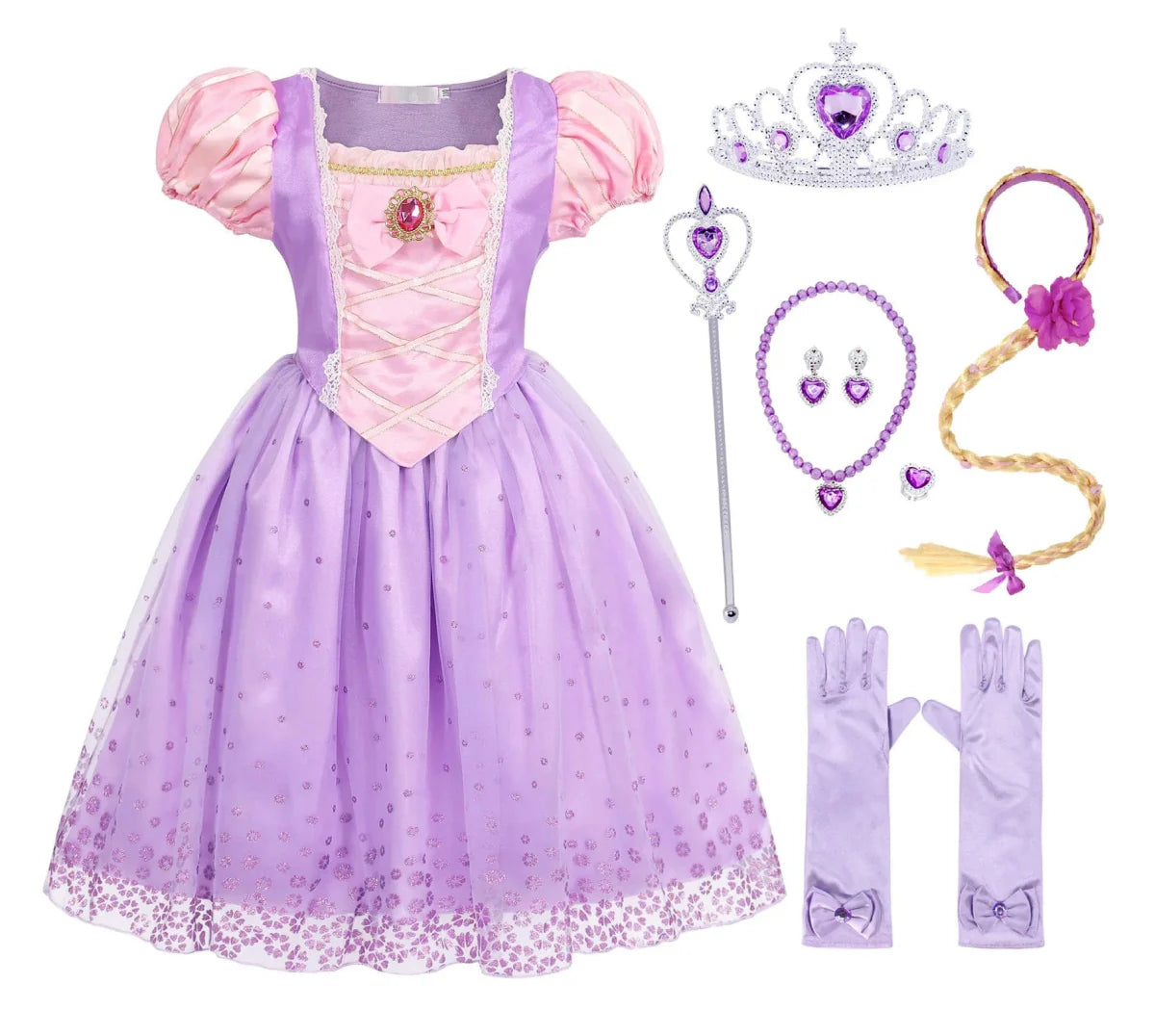 Showlu Girls Rapunzel Princess Dress with wig, kids birthday cosplay costume featuring a purple gown and long blonde hair.