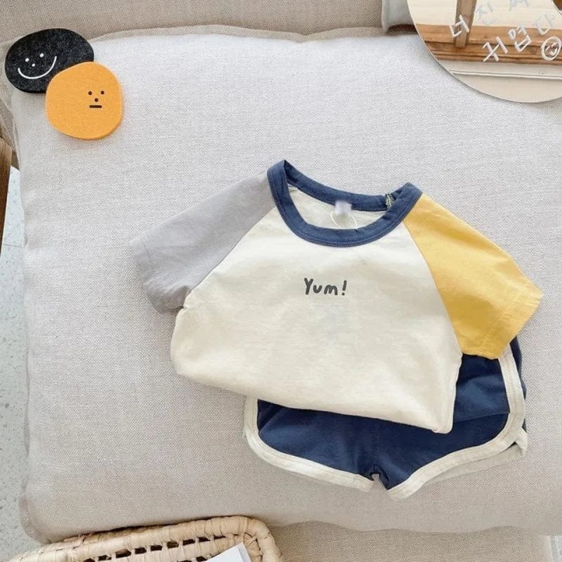 Showlu Kids cartoon cotton T-shirt and shorts set, trendy summer 2-piece outfit for boys and babies, colorful and comfortable.