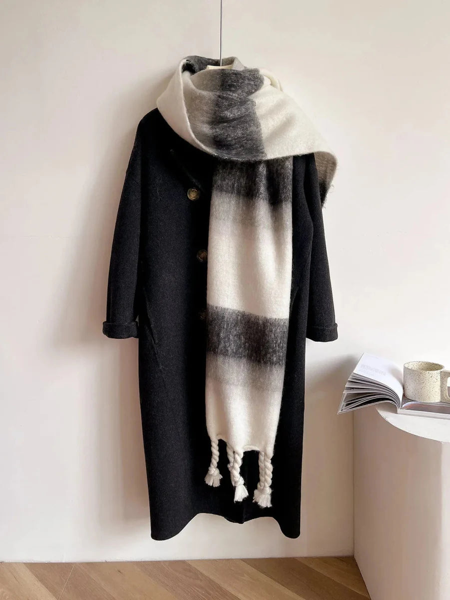 Women's plaid cashmere scarf by Showlu Fashion, warm winter pashmina shawl with tassels and plush mohair accents.