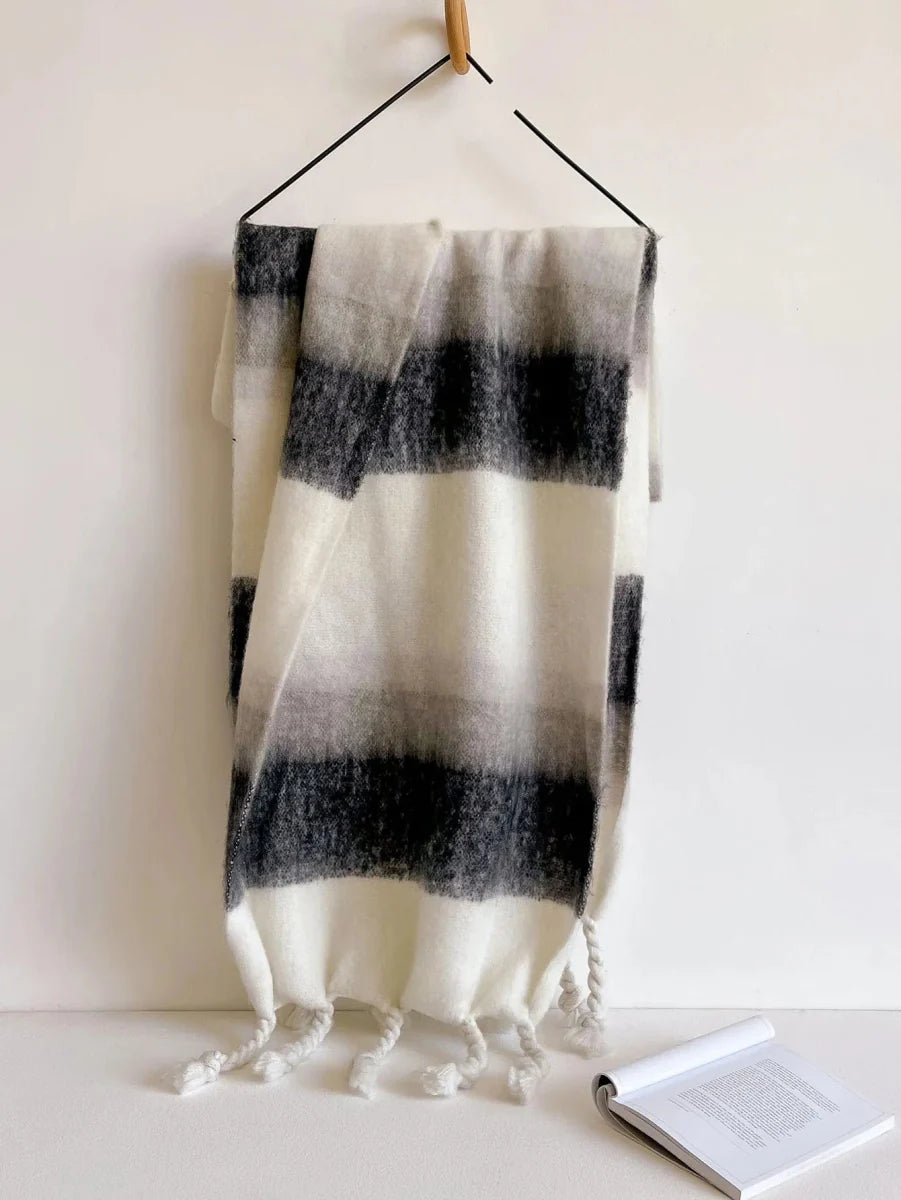 Women's plaid cashmere scarf by Showlu Fashion Store, warm winter pashmina shawl with tassels and luxurious cozy texture.