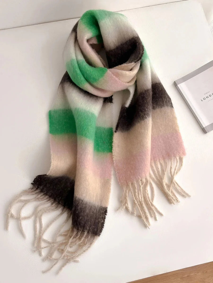 IROJEFF women's plaid cashmere scarf with tassels, warm winter pashmina shawl in cozy, luxurious fuzzy mohair fabric.
