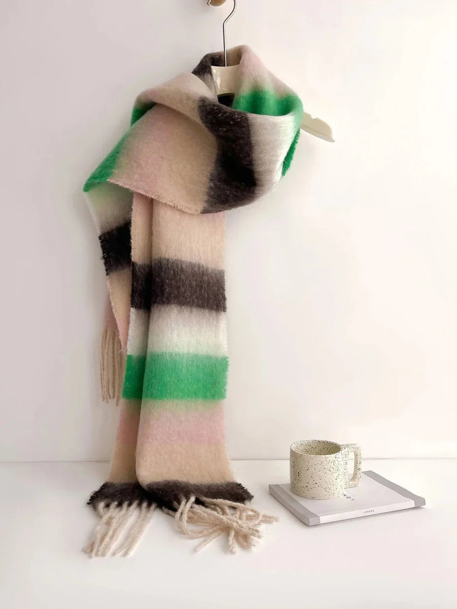 Luxury IROJEFF women's plaid cashmere scarf with polychrome tassels, perfect for warm winter pashmina shawl and cozy autumn fashion.