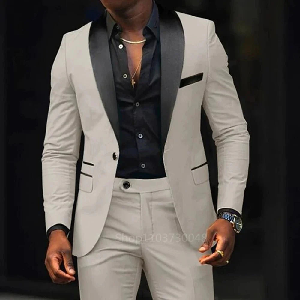 SHOWLU Men's 2-Piece Slim Fit Wedding Suit with cotton wool shawl lapel, featuring a blazer and matching pants for formal occasions.