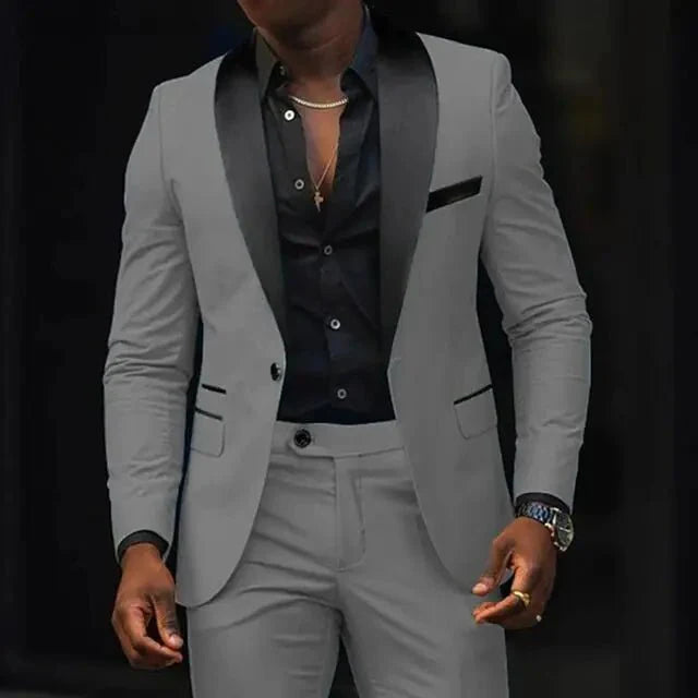 Men's slim fit wedding suit with cotton wool fabric, shawl lapel blazer and matching pants, ideal for formal events and parties.