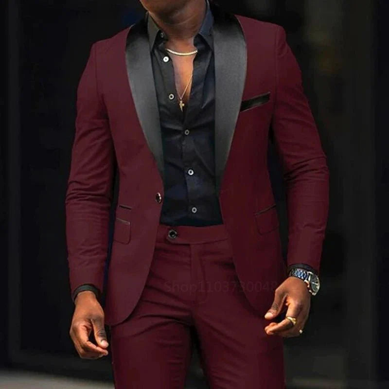 Men's SHOWLU slim fit wedding suit with cotton wool fabric, shawl lapel blazer, and matching pants for formal occasions.