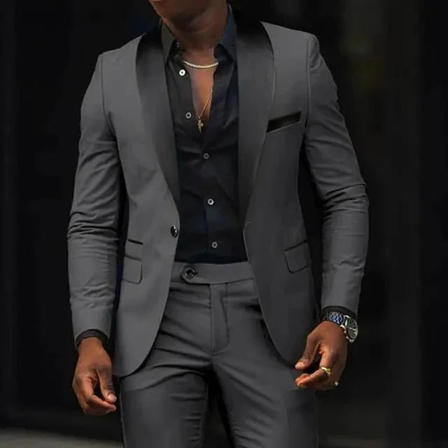 SHOWLU Men's 2-Piece Slim Fit Wedding Suit with cotton wool fabric, shawl lapel blazer, and matching pants for formal or party wear.