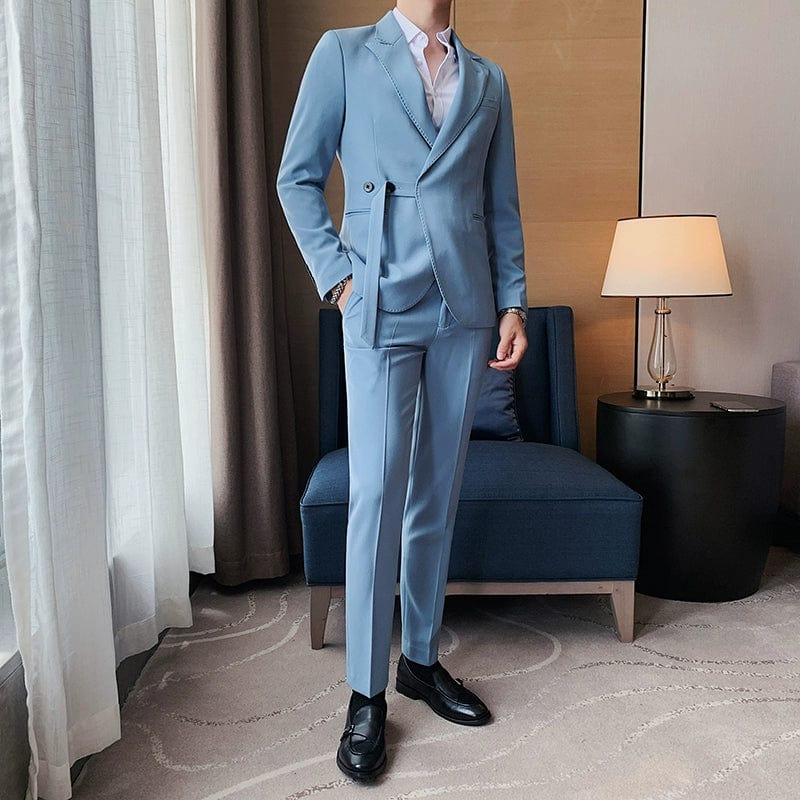 Showlu men's slim fit double-breasted business leisure suit jacket with casual British-inspired design and French side buckle detail.