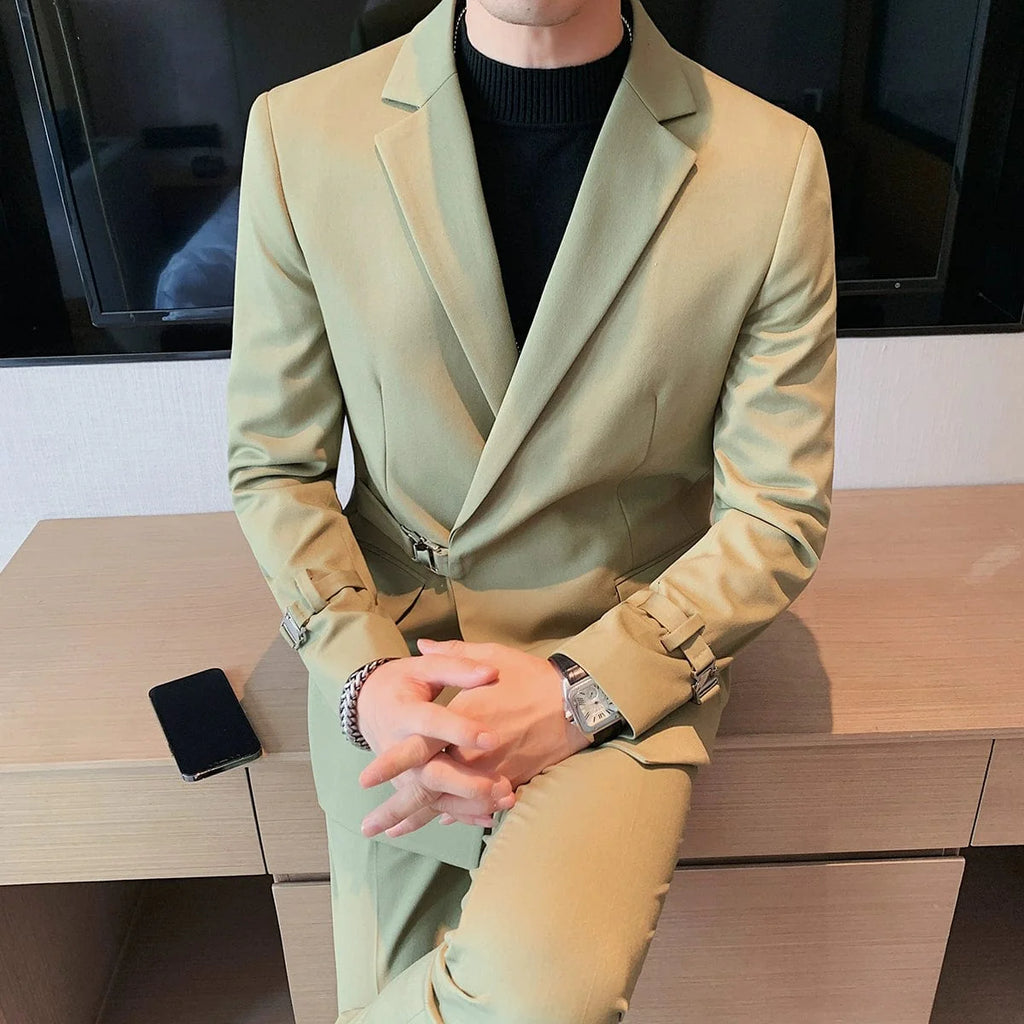 Showlu men's slim fit double-breasted business leisure suit jacket with French side buckle detailing and casual British style.