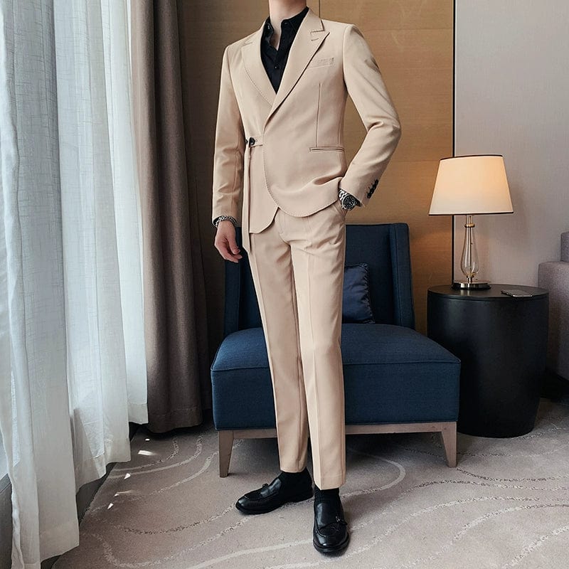 Showlu men's slim fit double-breasted business leisure suit jacket with French side buckle detail, casual British style.
