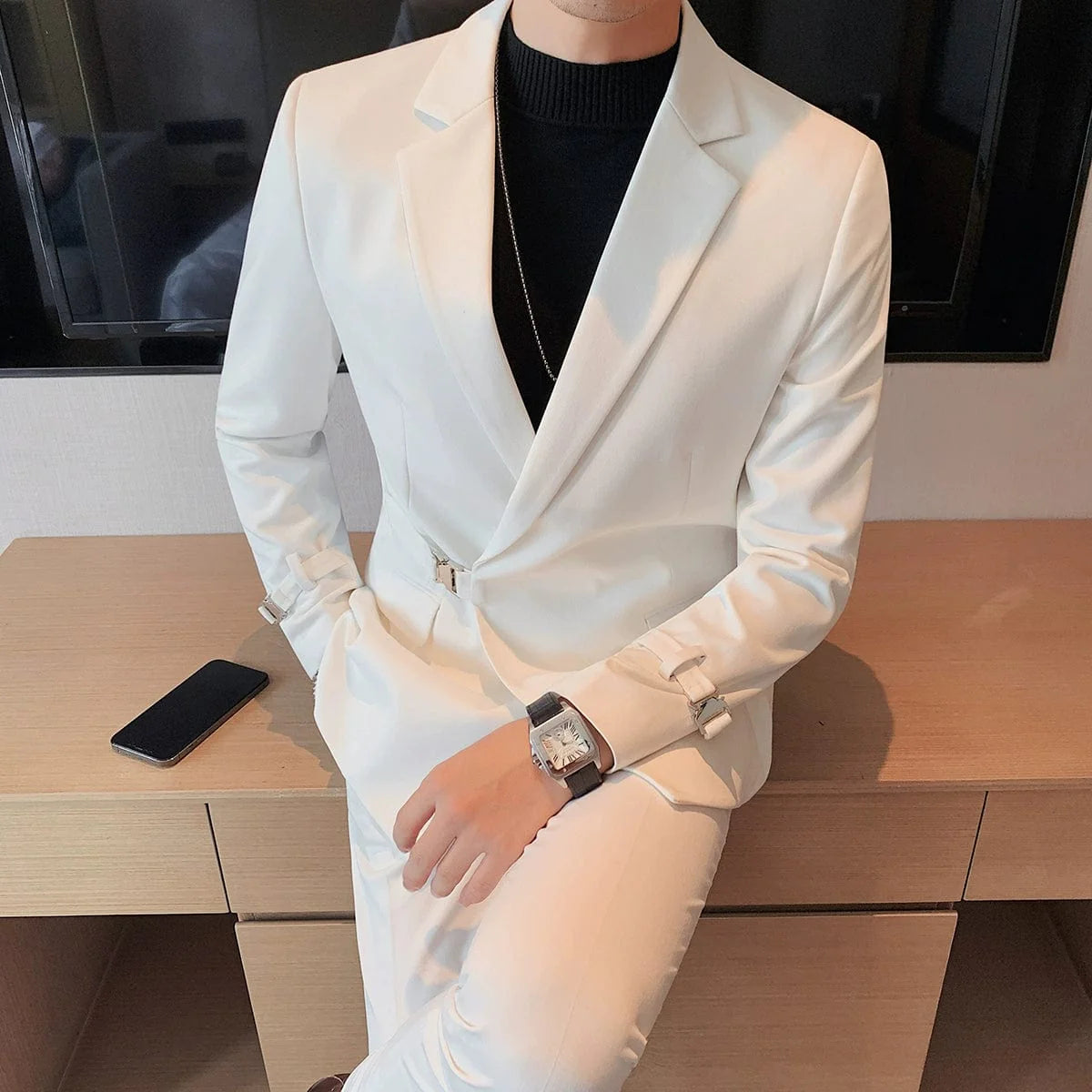 Showlu men's slim fit double-breasted business leisure suit jacket with British-inspired design and French side buckle details.