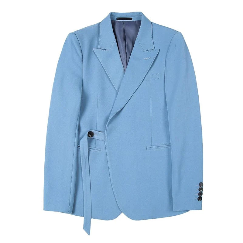 Showlu men's slim fit double-breasted business leisure suit jacket with casual British style and French side buckle details.