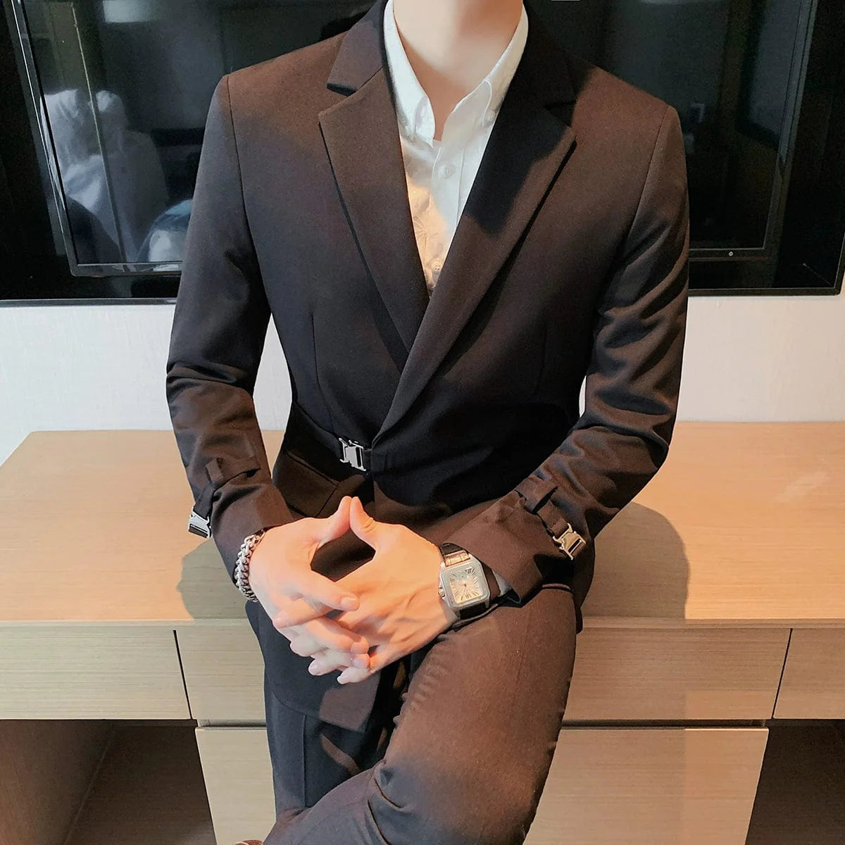 Showlu men's slim fit double-breasted business leisure suit jacket with casual British-inspired design, French side buckle detail.