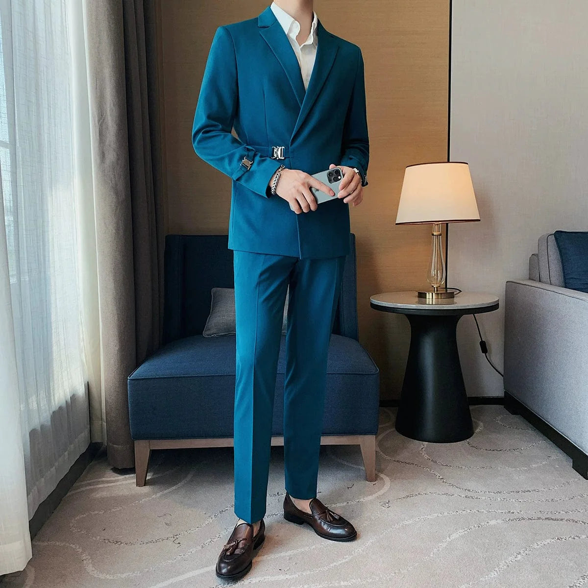 Showlu men's slim fit double-breasted business leisure suit jacket with casual British style and French-inspired side buckle details