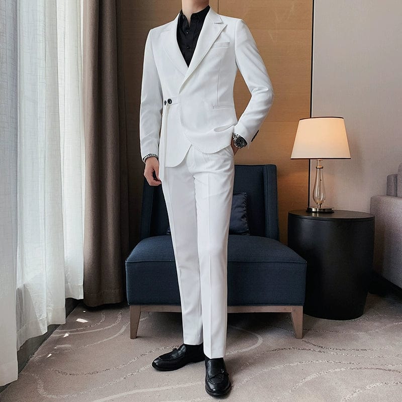 Showlu men's slim fit double-breasted business leisure suit jacket with French side buckle details and casual British style.