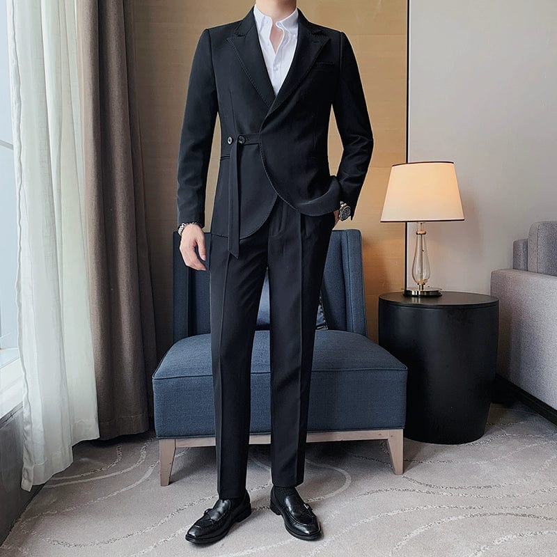 Showlu men's slim fit double-breasted business leisure suit jacket with casual British style and French-inspired side buckle detail.