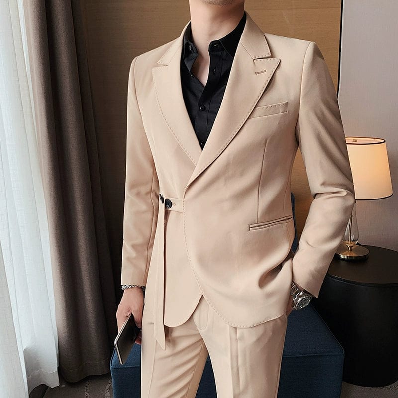 Showlu men's slim fit double-breasted business leisure suit jacket with French side buckle detailing and classic British style.