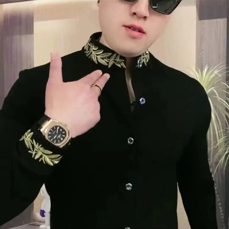 Showlu men's slim fit long sleeve black sweatshirt with stand collar, casual ethnic style, versatile trendy men's fashion shirt