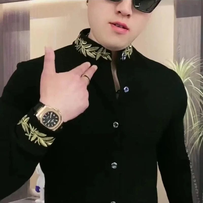 Casual Ethnic Style Men's Fashionable Slim Fit Long Sleeved Sweatshirt Black Trendy Versatile Small Stand Up Collar Shirt - SHOWLU FASHION STORE